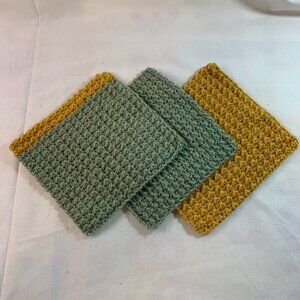 Handmade crocheted dishcloths 100% cotton sage and gold set of 3